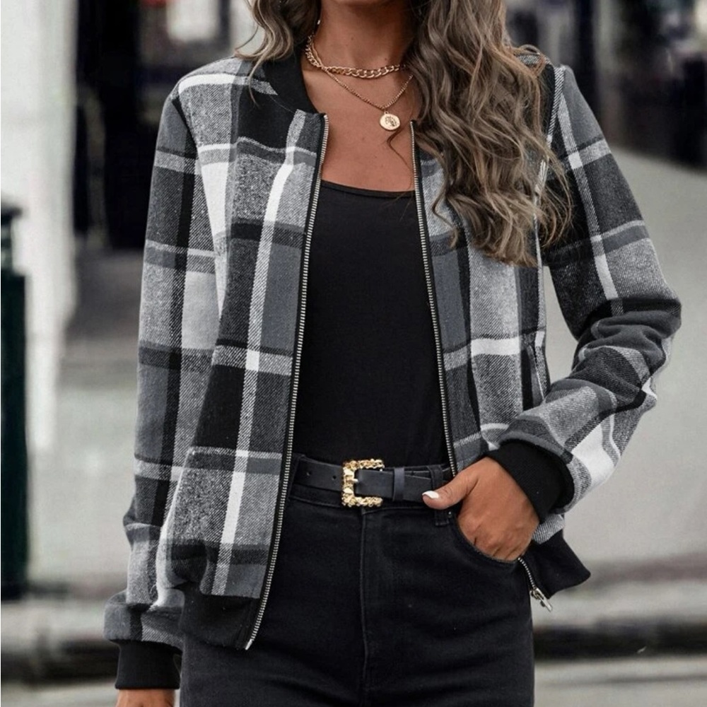 Plaid Zip Up Bomber Jacket - Black/Gray/White